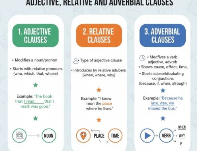 ADJECTIVE, RELATIVE AND ADVERBIAL CLAUSES
